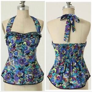 Anthropologie Odille Pop of Posies Halter Top Sz 10 Smocked Babydoll Colorful